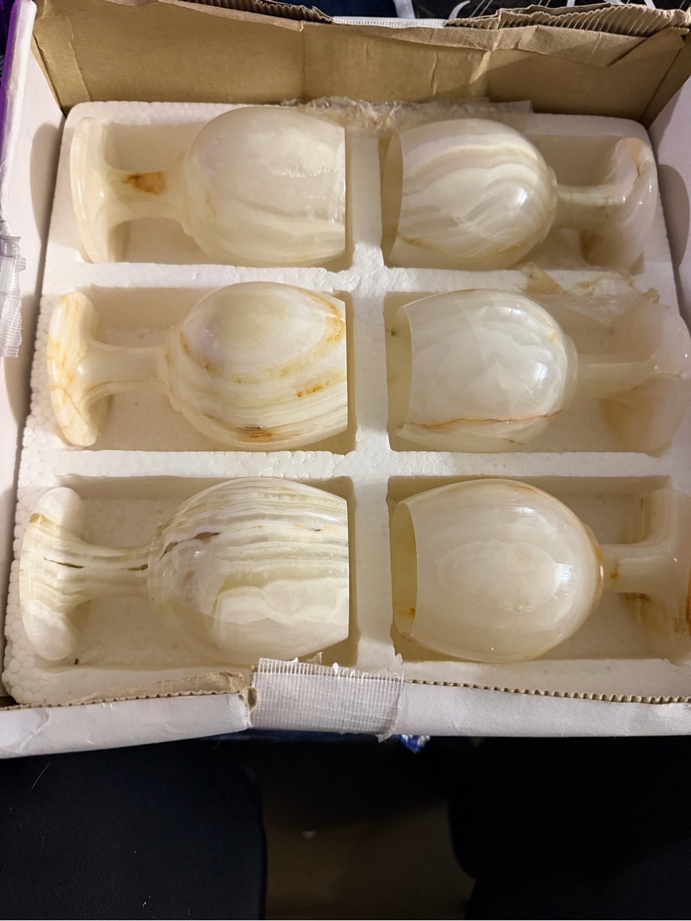 Set of 6 Cream Onyx Stone Goblets - Polished Decorative Drinkware